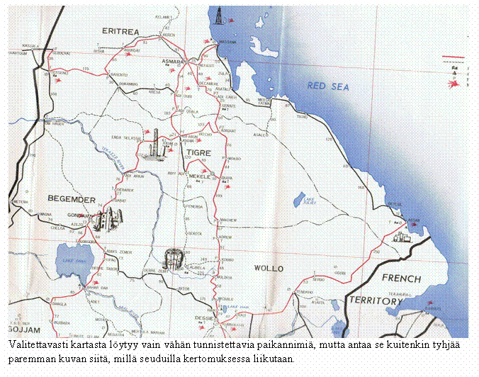 Tekstikehys:  
Valitettavasti kartasta lytyy vain vhn tunnistettavia paikannimi, mutta antaa se kuitenkin tyhj paremman kuvan siit, mill seuduilla kertomuksessa liikutaan.
